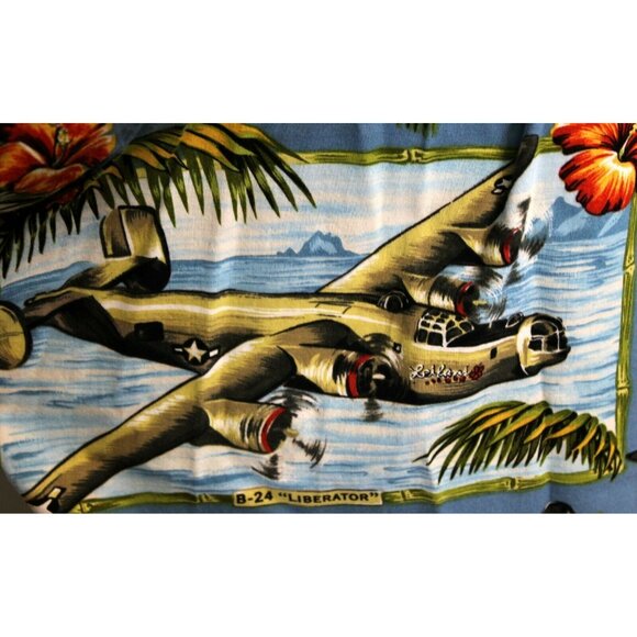 Kalaheo Blue Hawaiian Shirt Planes Bomber Jets Flowers Men's 2XL WW2 WWII - Picture 8 of 11
